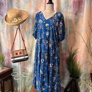 📌C & A  Floral A-Line Cotton Midi Dress with Short Sleeves